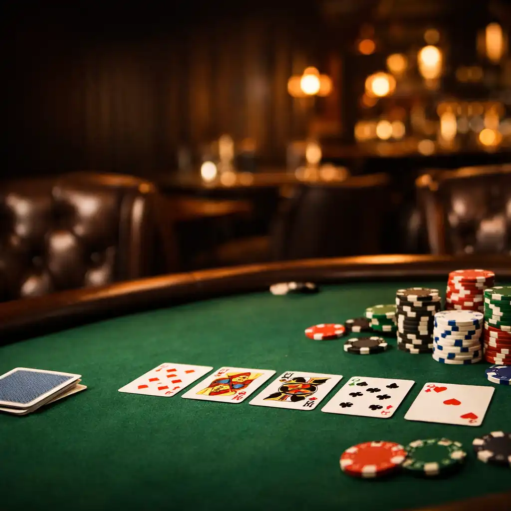 Nastrojowy stół pokerowy z zielonym suknem, kartami i żetonami w eleganckim, ciemnym wnętrzu Culinary Haven House