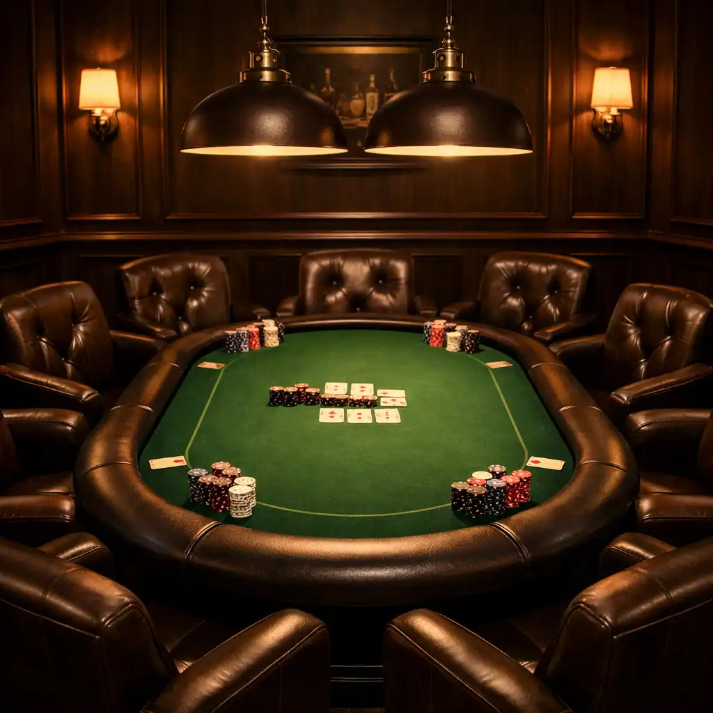 Wnętrze Poker Lounge z zielonym suknem, skórzanymi fotelami i nastrojowym oświetleniem