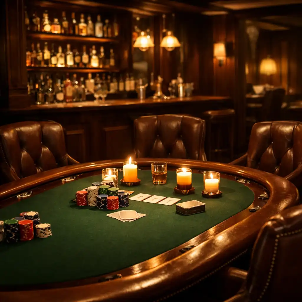 Wieczorna atmosfera Poker Lounge z zielonym suknem, skórzanymi fotelami i ciepłym światłem świec