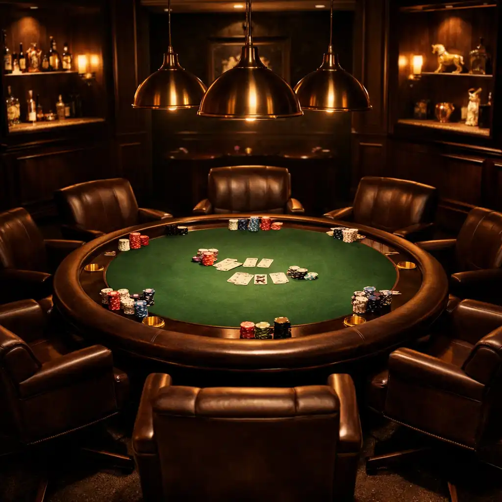 Nastrojowy salon pokerowy Culinary Haven House z zielonym suknem i skórzanymi fotelami