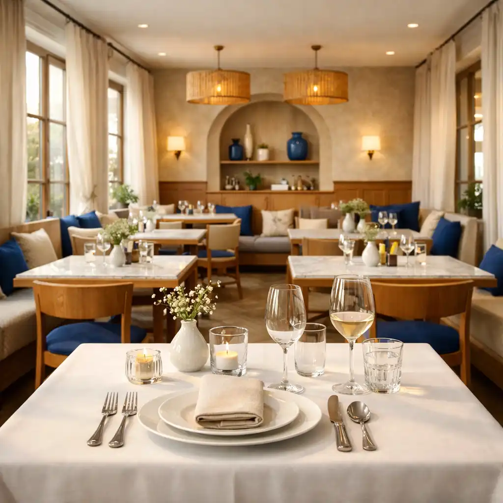 Eleganckie wnętrze restauracji Culinary Haven House z lnianymi zasłonami, dębowymi stołami i marmurowymi blatami