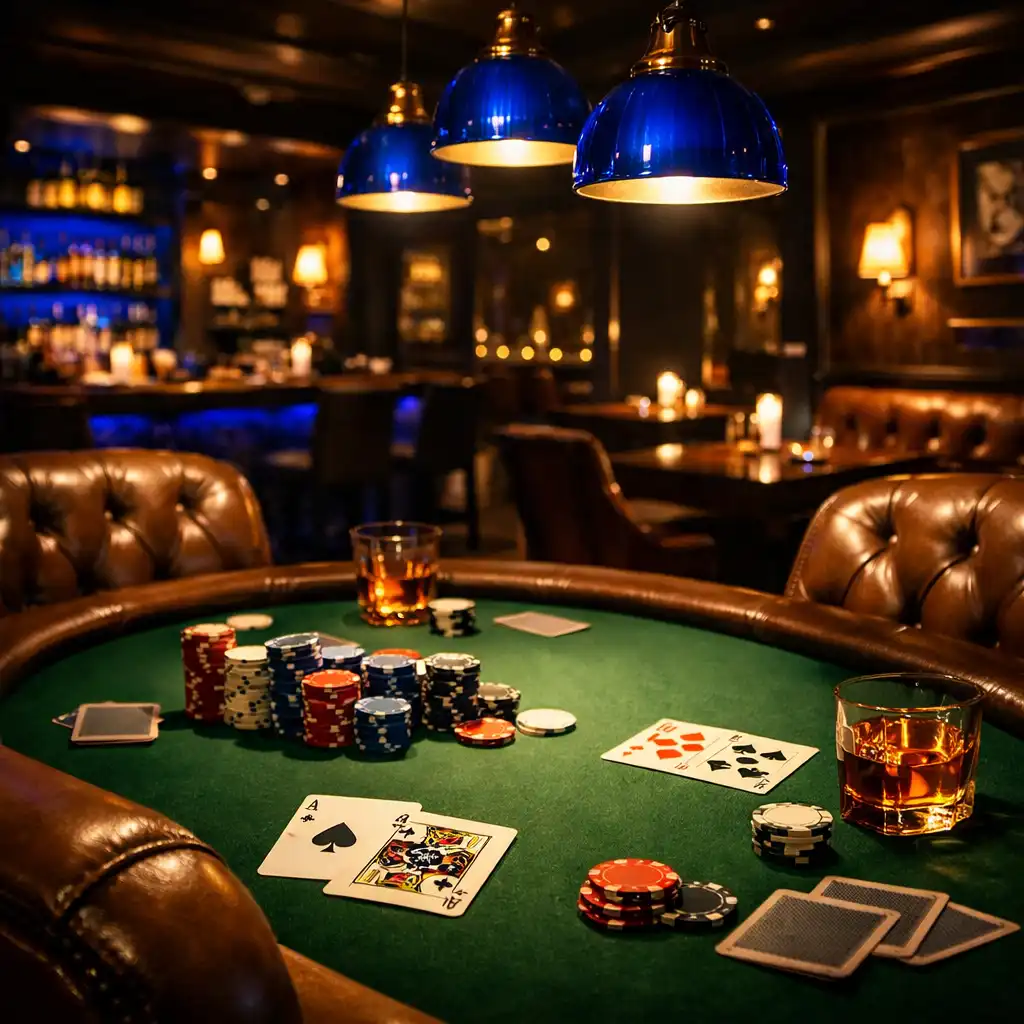Nastrojowe wnętrze Poker Lounge z ciemną skórzaną tapicerką, zielonym suknem i żetonami na stole